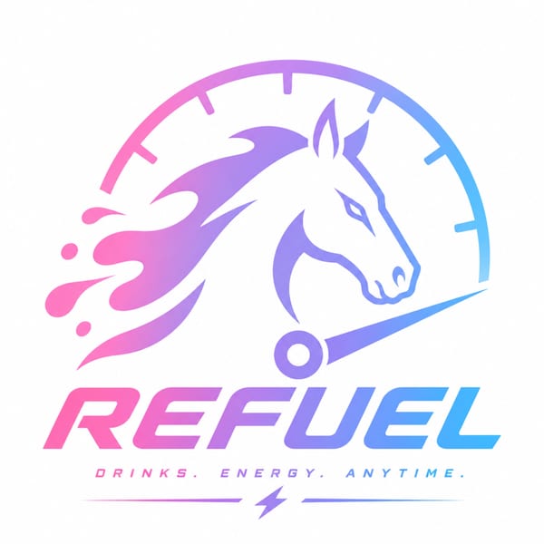 Refuel logo with a gradient pink-to-blue horse head, speedometer, and text "DRINKS. ENERGY. ANYTIME."