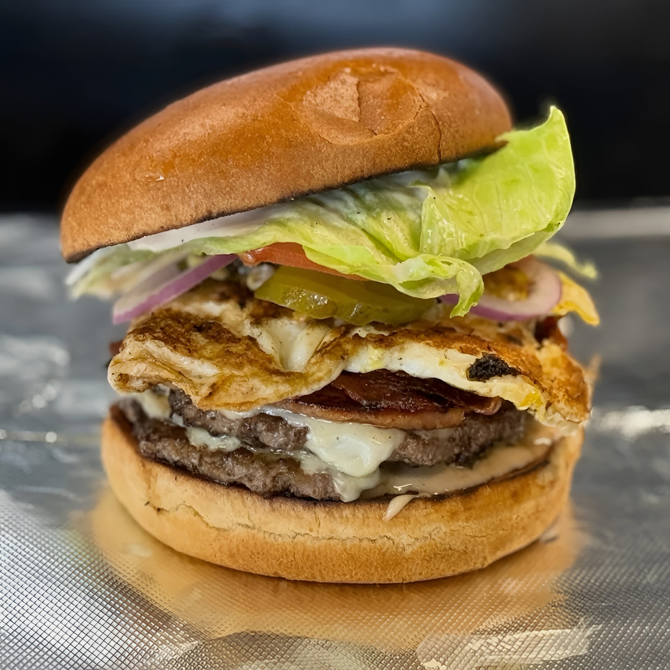 Refuel at The Station's burger with two patties, cheese, fried egg, bacon, lettuce, onion, and pickles.