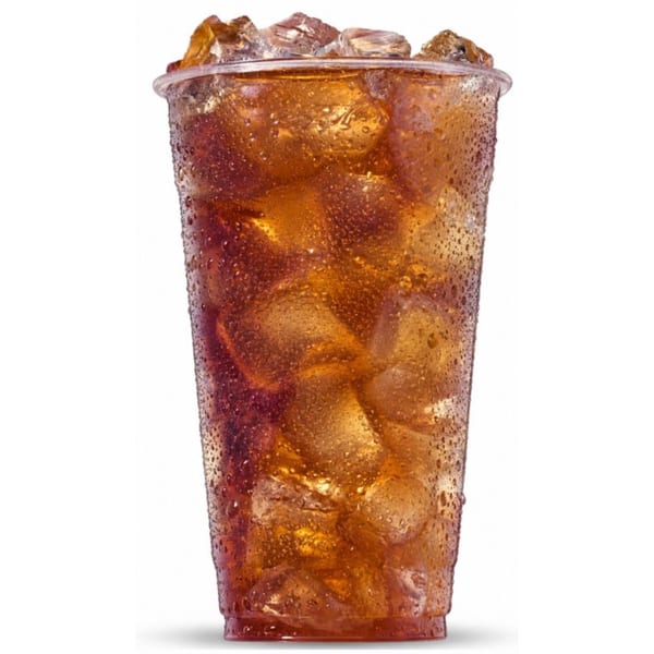 A clear plastic cup filled with a dark soda and ice cubes, covered in condensation.