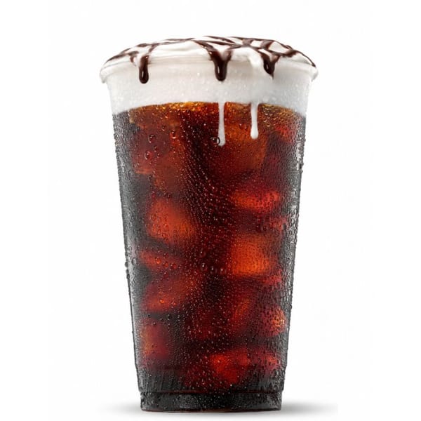 Iced coffee with chocolate drizzle and whipped cream in a clear plastic cup.